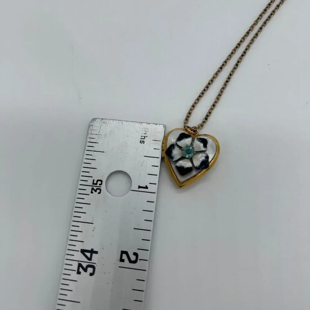 Vintage Locket Enamel Heart Rhinestone Flower Gold Tone Necklace Art Deco Floral